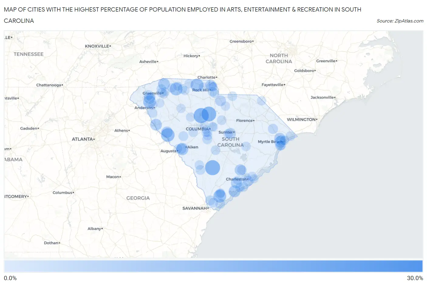 Cities with the Highest Percentage of Population Employed in Arts, Entertainment & Recreation in South Carolina Map