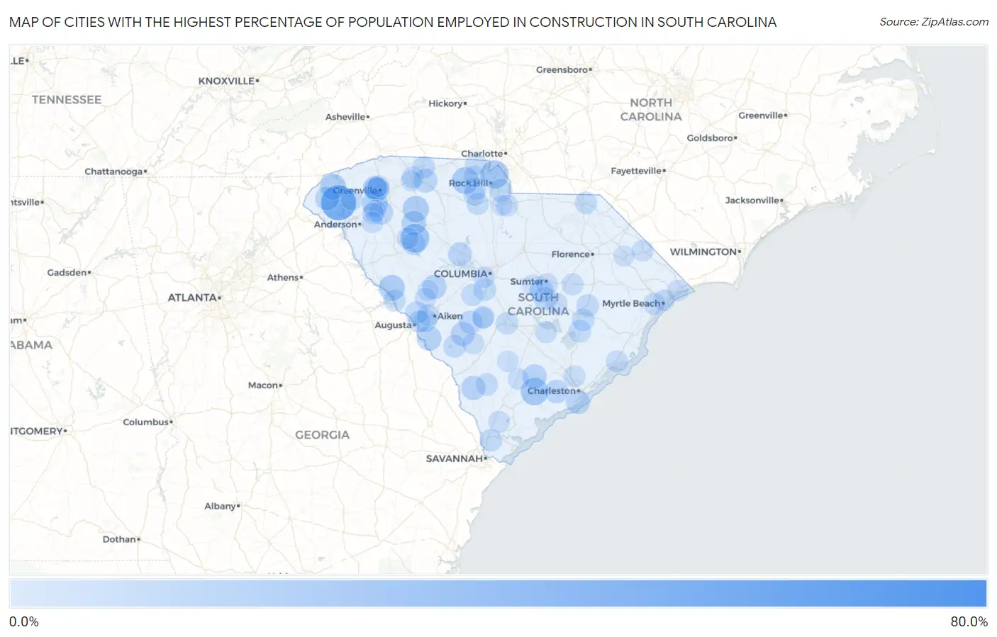 Cities with the Highest Percentage of Population Employed in Construction in South Carolina Map