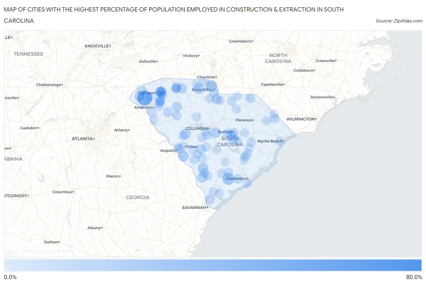Cities with the Highest Percentage of Population Employed in Construction & Extraction in South Carolina Map