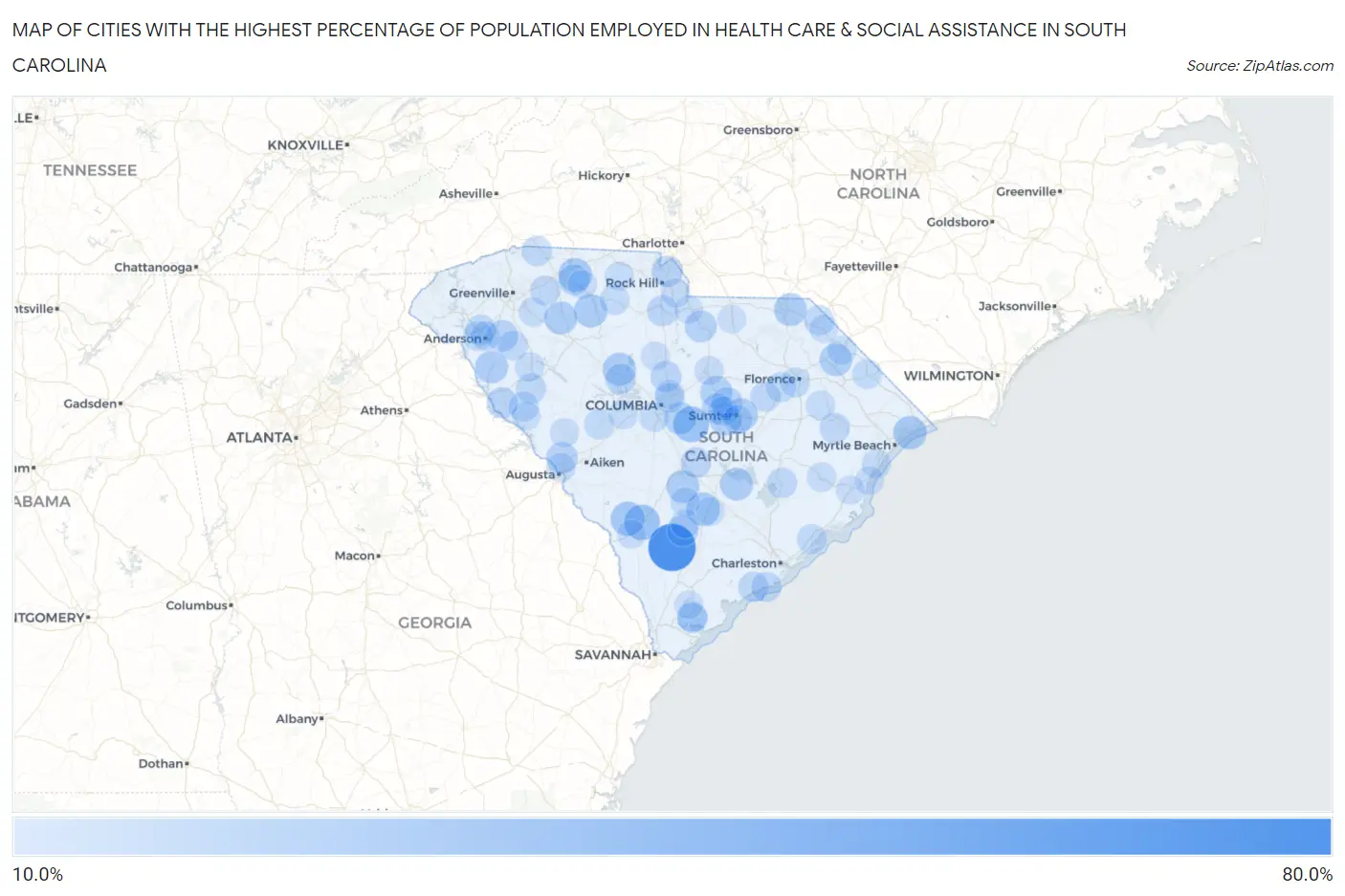 Cities with the Highest Percentage of Population Employed in Health Care & Social Assistance in South Carolina Map