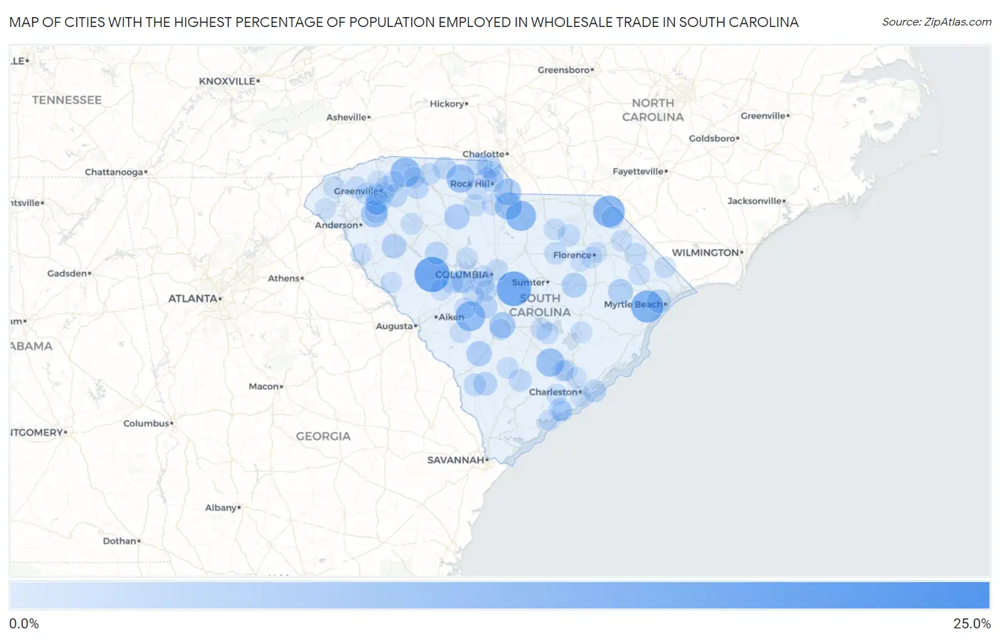 Cities with the Highest Percentage of Population Employed in Wholesale Trade in South Carolina Map