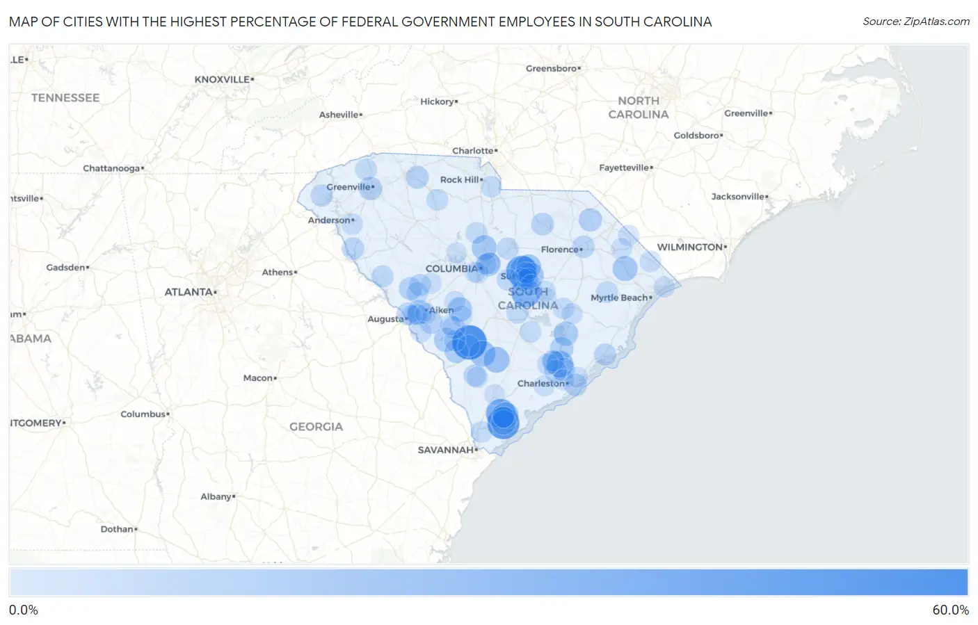 Cities with the Highest Percentage of Federal Government Employees in South Carolina Map