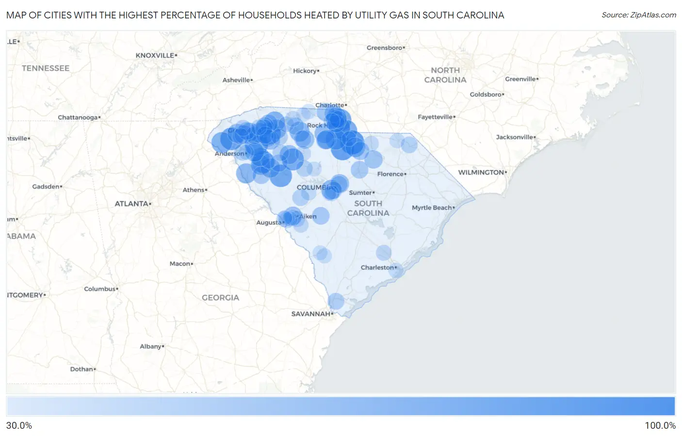 Cities with the Highest Percentage of Households Heated by Utility Gas in South Carolina Map