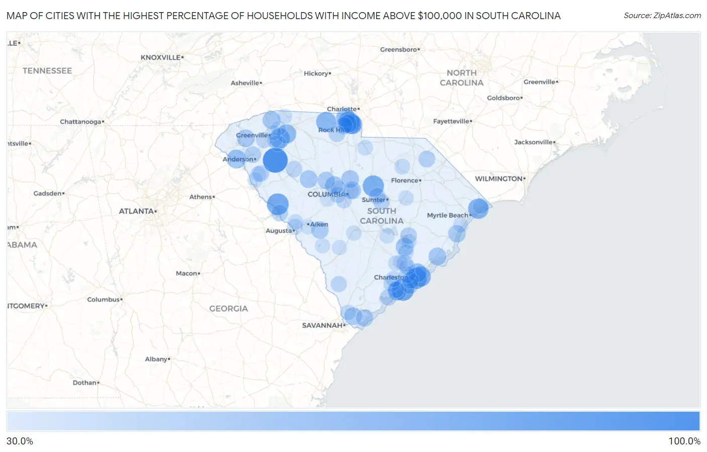 Cities with the Highest Percentage of Households with Income Above $100,000 in South Carolina Map