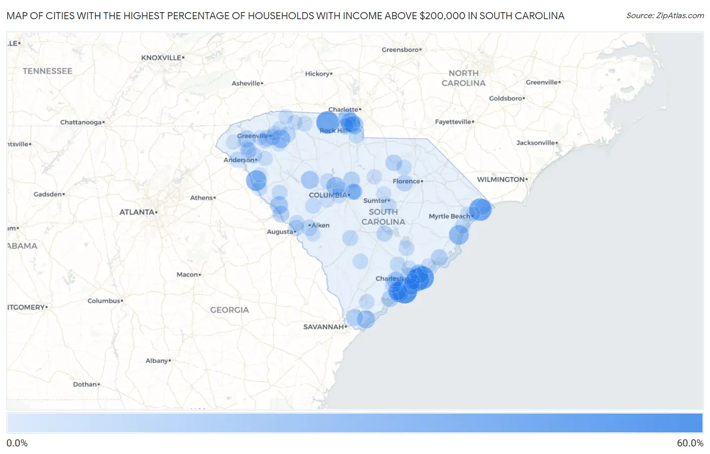 Cities with the Highest Percentage of Households with Income Above $200,000 in South Carolina Map