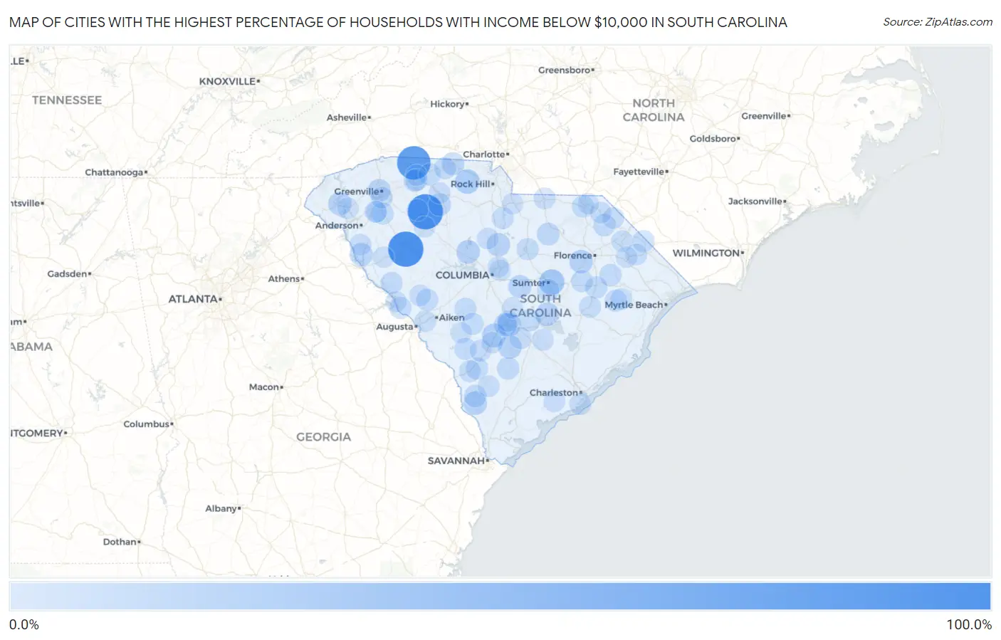 Cities with the Highest Percentage of Households with Income Below $10,000 in South Carolina Map