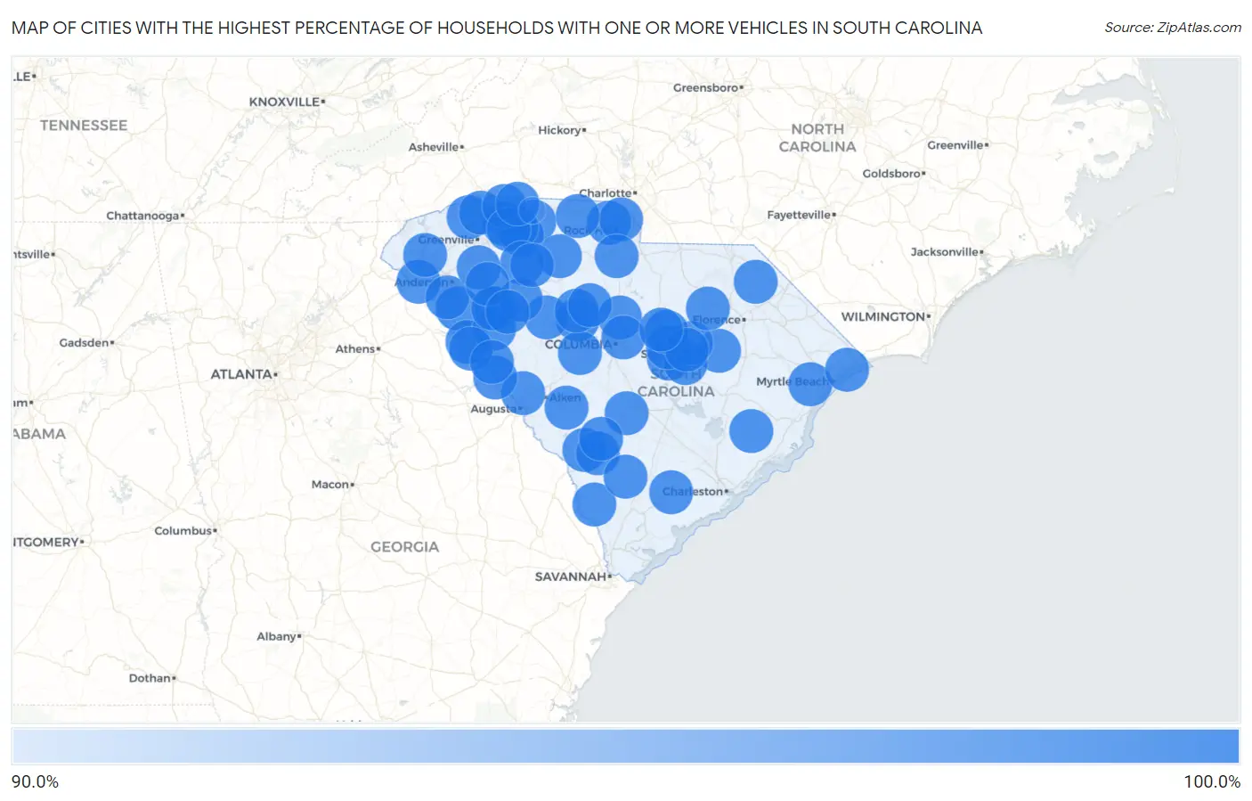 Cities with the Highest Percentage of Households With One or more Vehicles in South Carolina Map