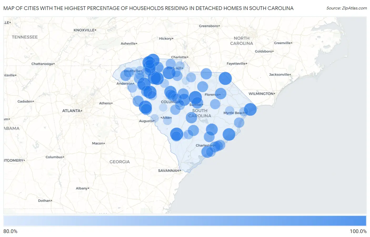 Cities with the Highest Percentage of Households Residing in Detached Homes in South Carolina Map