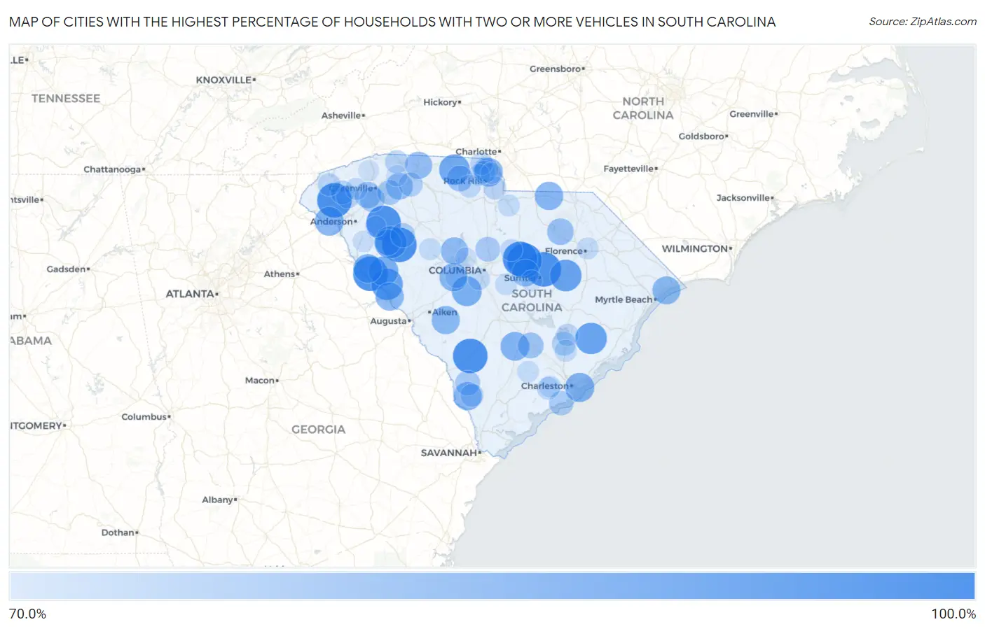 Cities with the Highest Percentage of Households With Two or more Vehicles in South Carolina Map