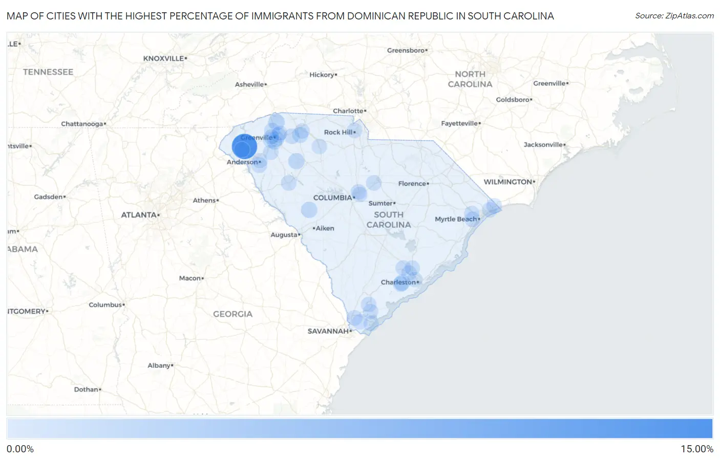 Cities with the Highest Percentage of Immigrants from Dominican Republic in South Carolina Map