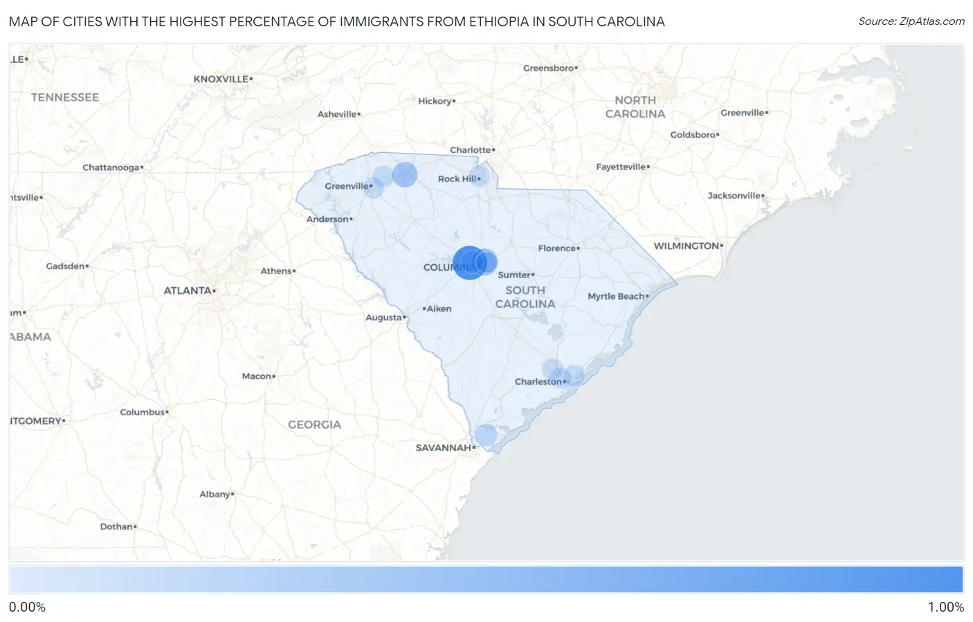 Cities with the Highest Percentage of Immigrants from Ethiopia in South Carolina Map