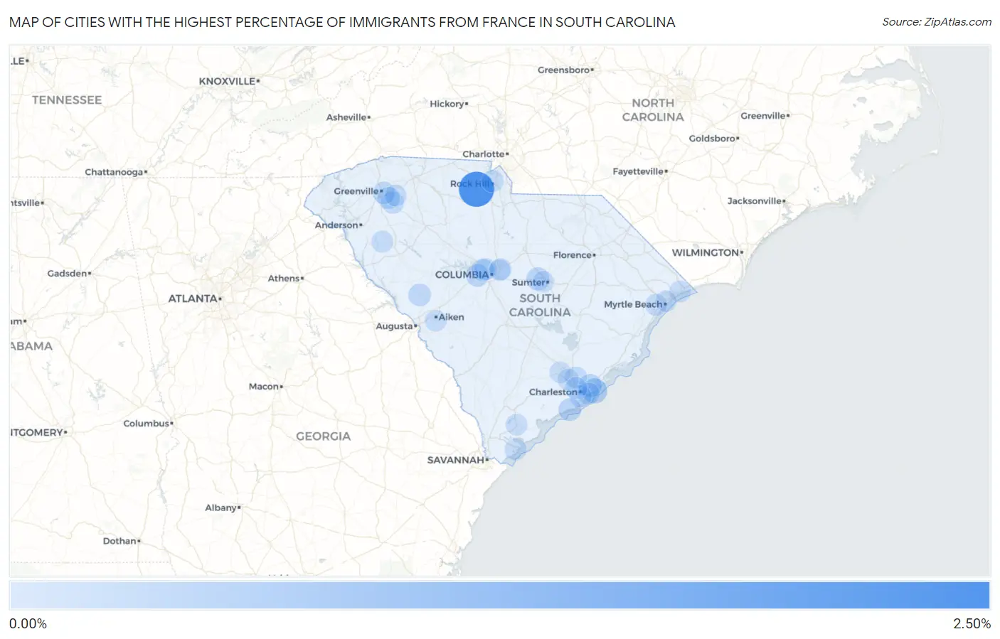 Cities with the Highest Percentage of Immigrants from France in South Carolina Map