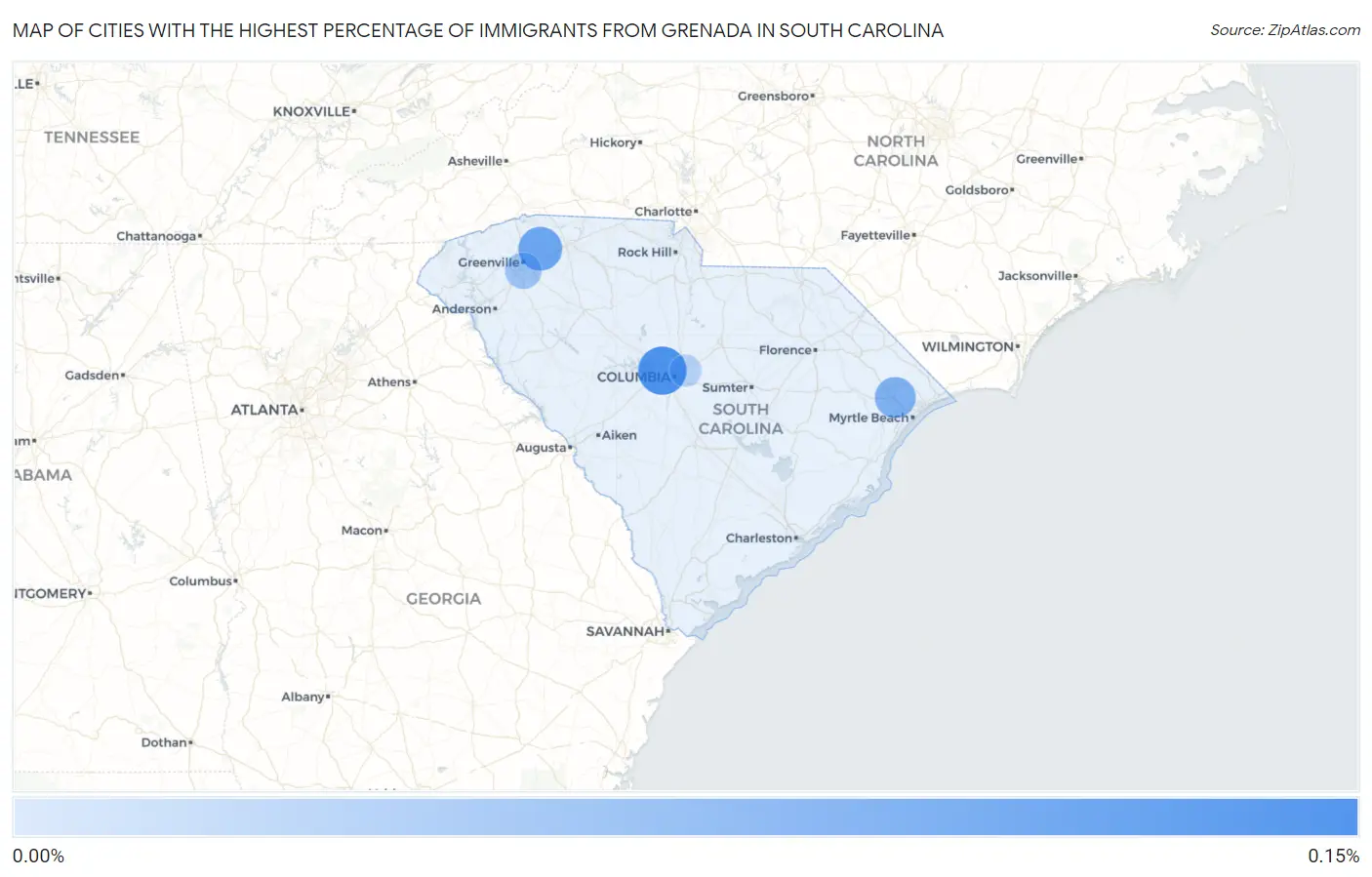 Cities with the Highest Percentage of Immigrants from Grenada in South Carolina Map