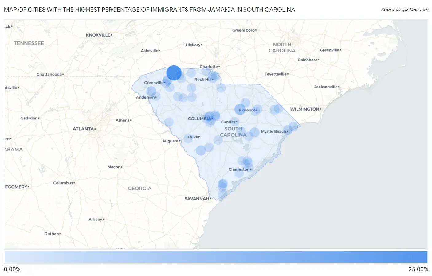 Cities with the Highest Percentage of Immigrants from Jamaica in South Carolina Map