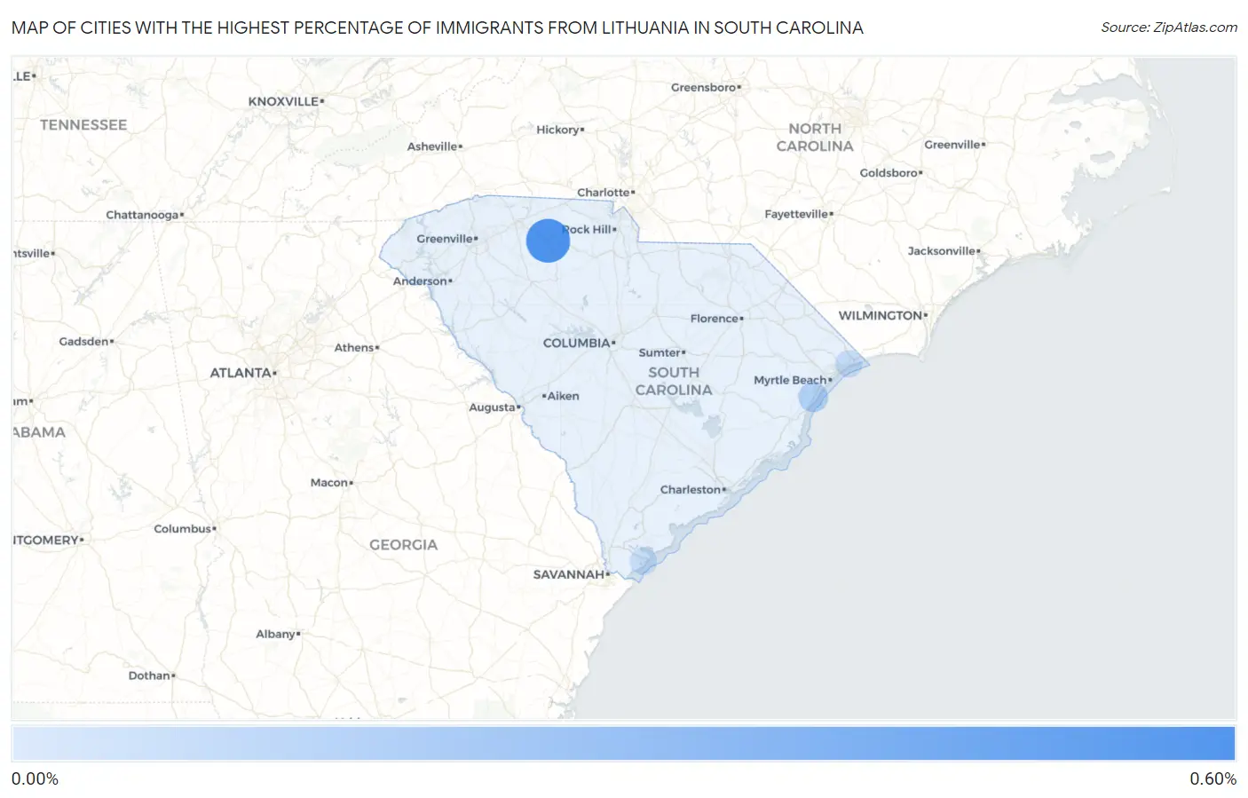 Cities with the Highest Percentage of Immigrants from Lithuania in South Carolina Map