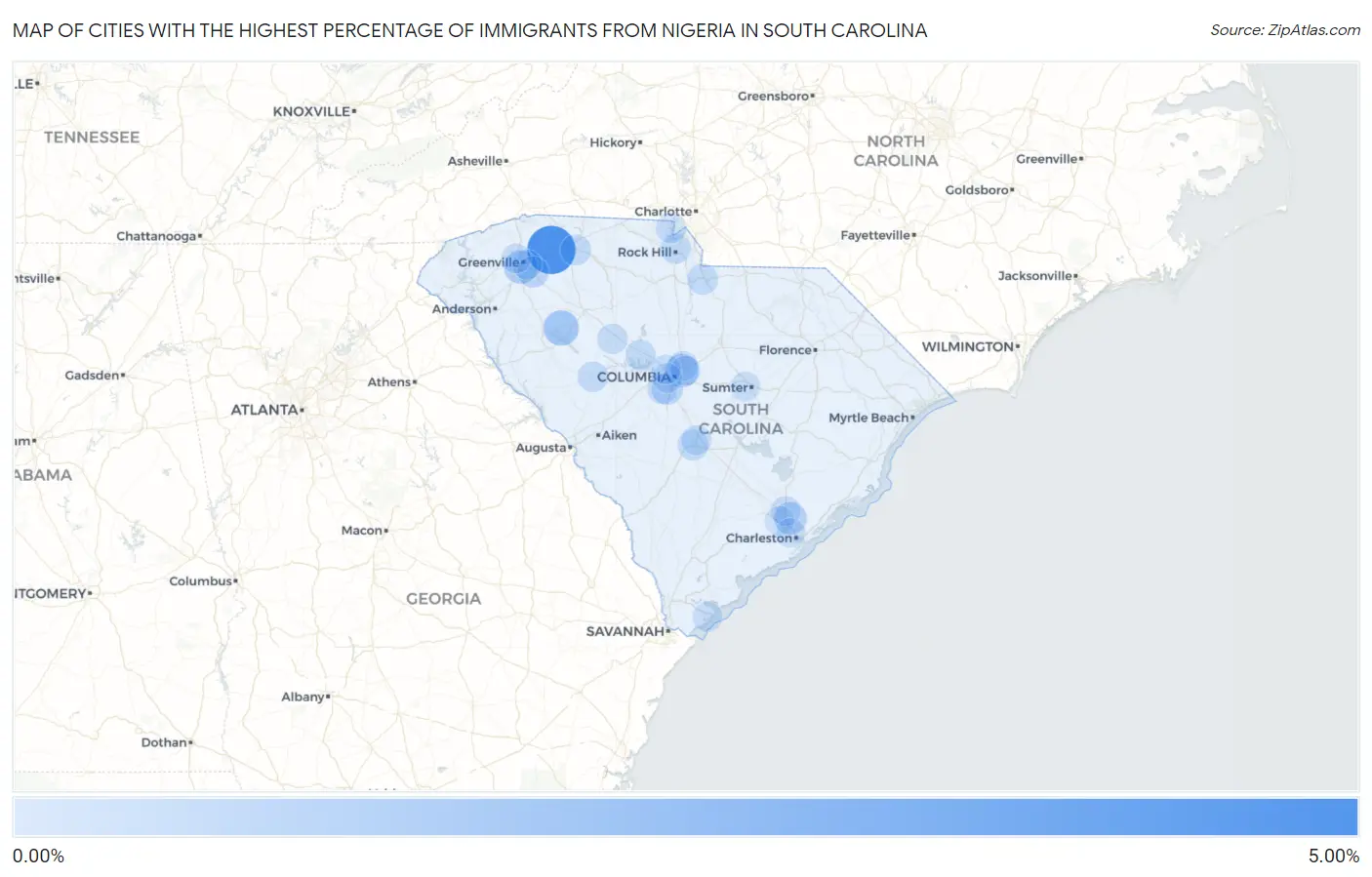 Cities with the Highest Percentage of Immigrants from Nigeria in South Carolina Map
