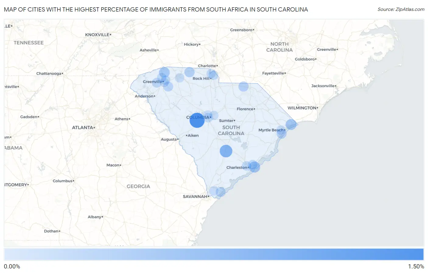 Cities with the Highest Percentage of Immigrants from South Africa in South Carolina Map