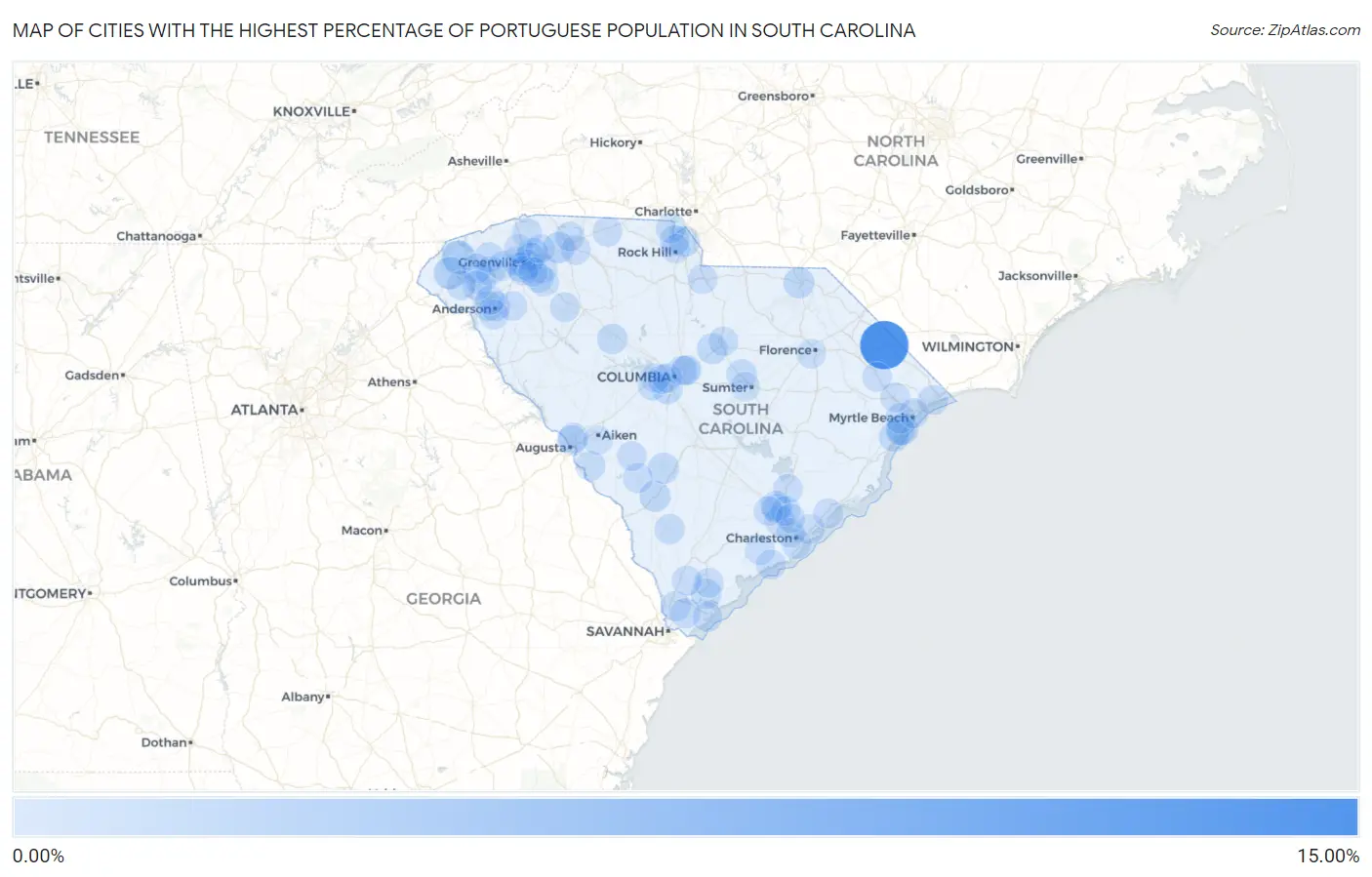 Cities with the Highest Percentage of Portuguese Population in South Carolina Map