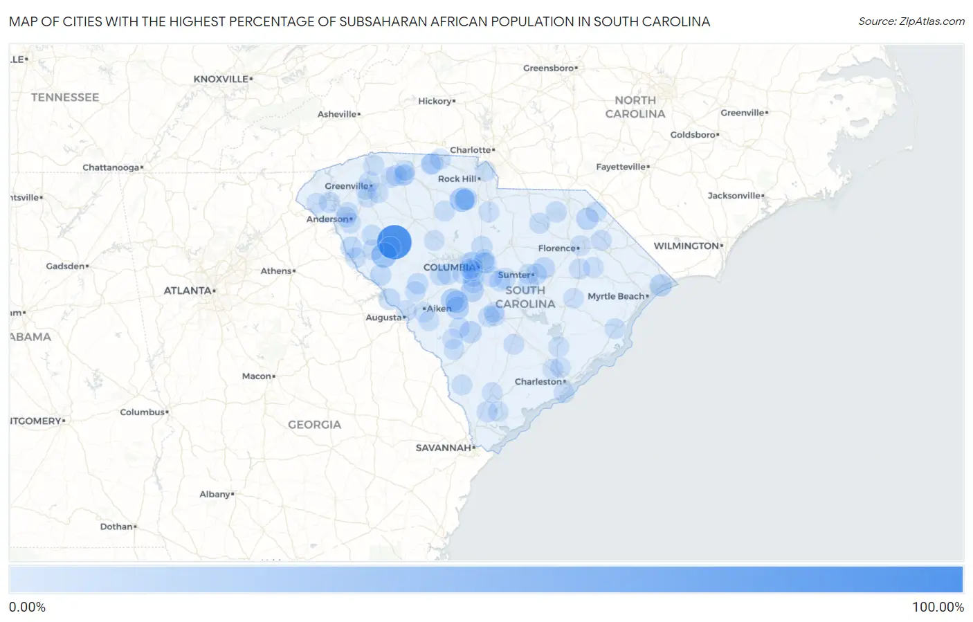 Cities with the Highest Percentage of Subsaharan African Population in South Carolina Map