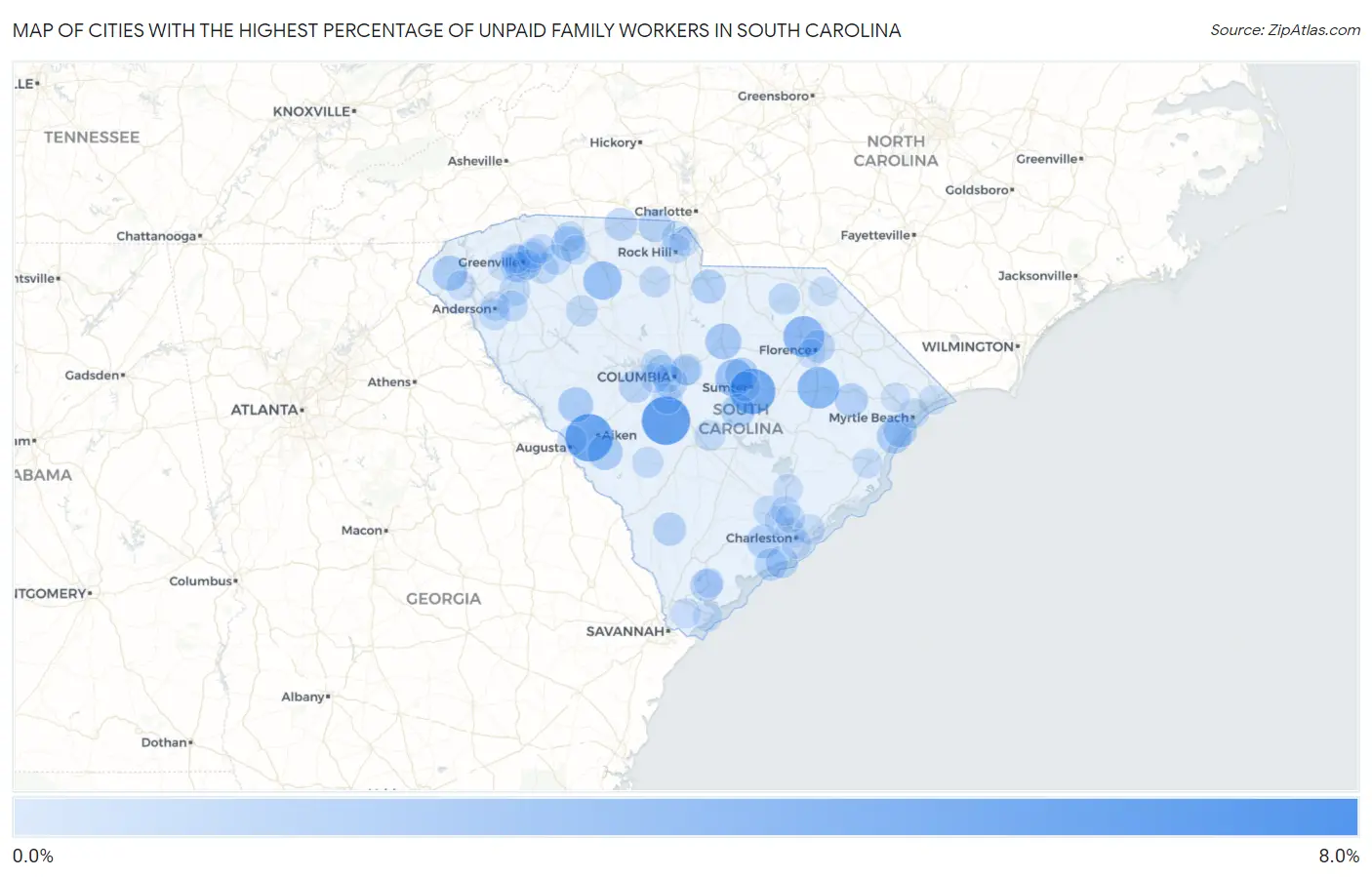 Cities with the Highest Percentage of Unpaid Family Workers in South Carolina Map