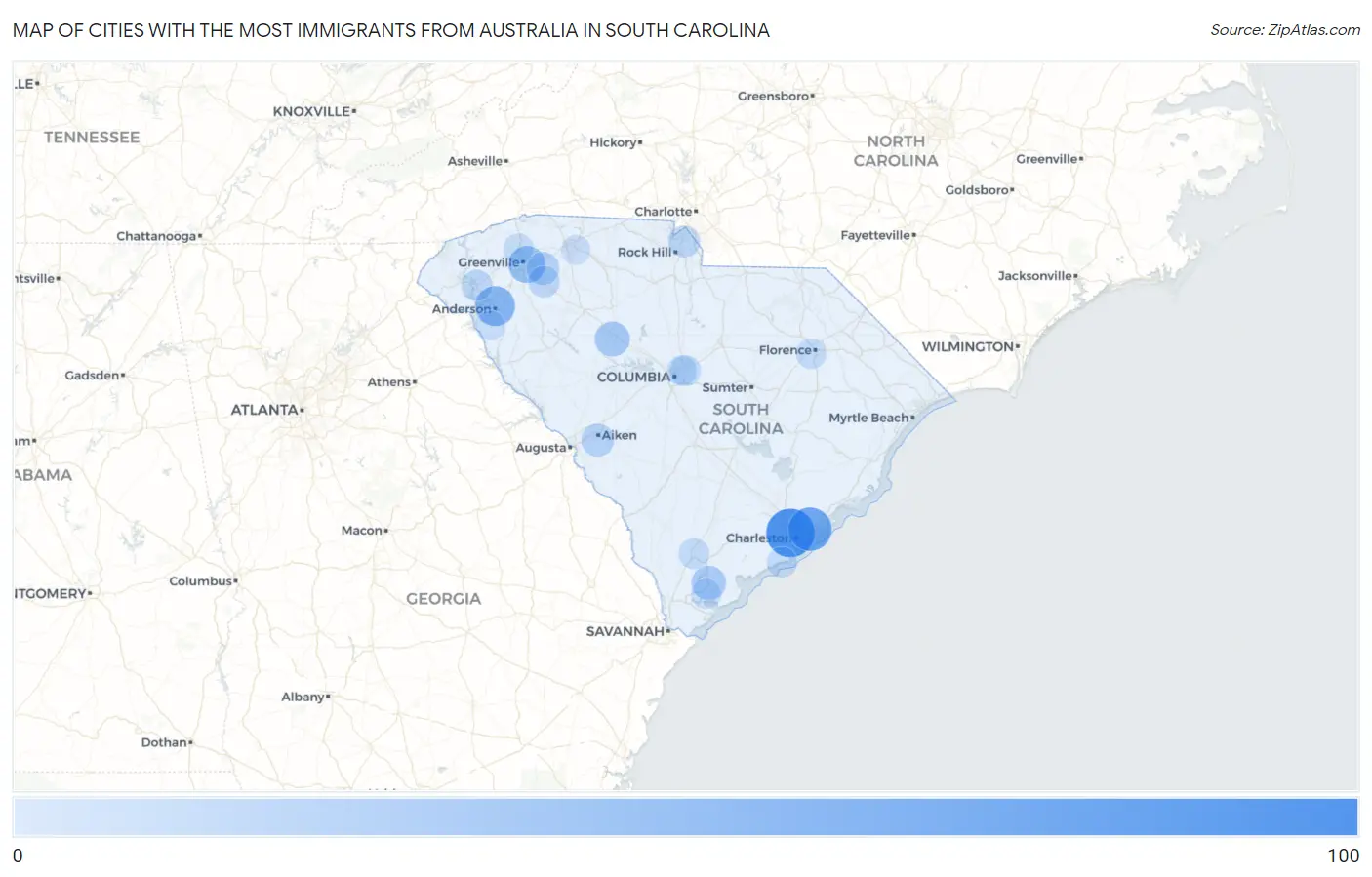 Cities with the Most Immigrants from Australia in South Carolina Map