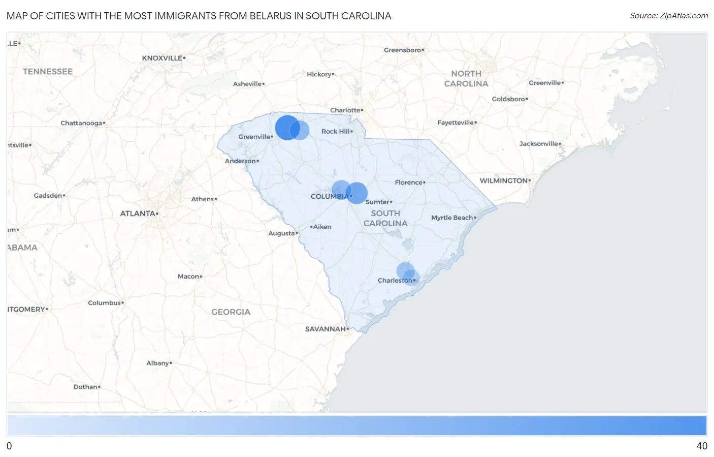 Cities with the Most Immigrants from Belarus in South Carolina Map