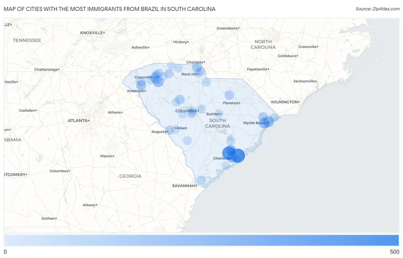 Cities with the Most Immigrants from Brazil in South Carolina Map