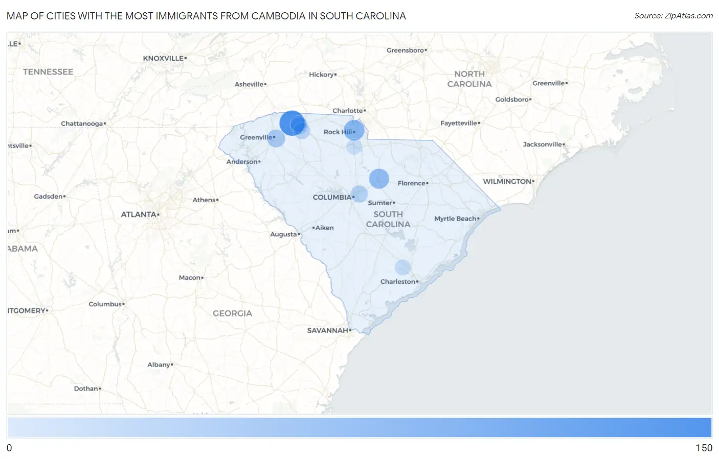Cities with the Most Immigrants from Cambodia in South Carolina Map