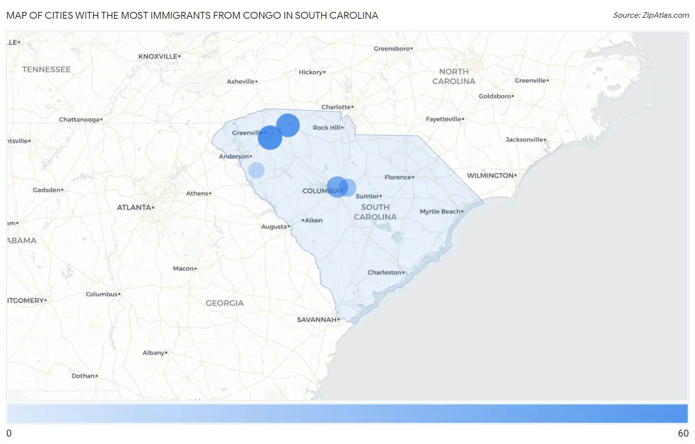 Cities with the Most Immigrants from Congo in South Carolina Map