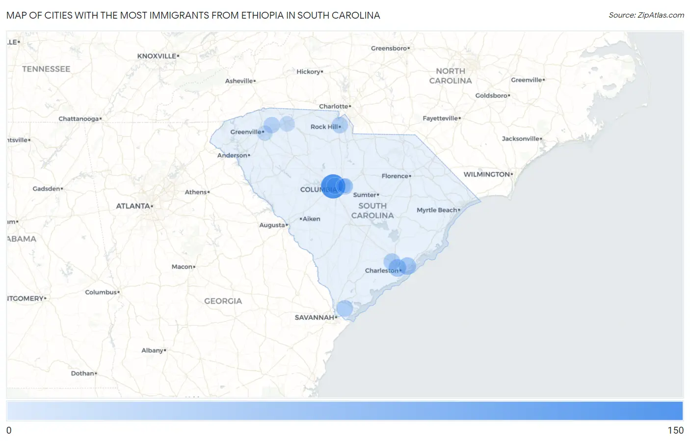 Cities with the Most Immigrants from Ethiopia in South Carolina Map