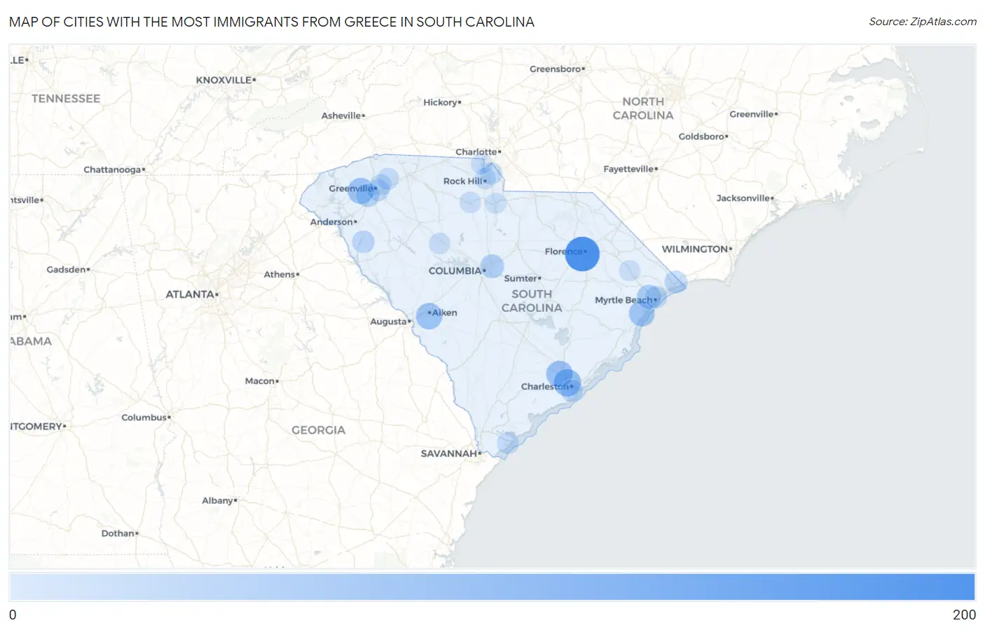 Cities with the Most Immigrants from Greece in South Carolina Map