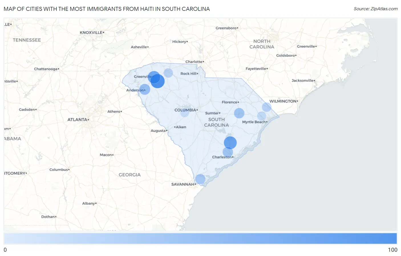 Cities with the Most Immigrants from Haiti in South Carolina Map
