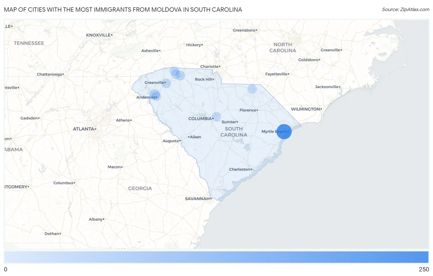 Cities with the Most Immigrants from Moldova in South Carolina Map