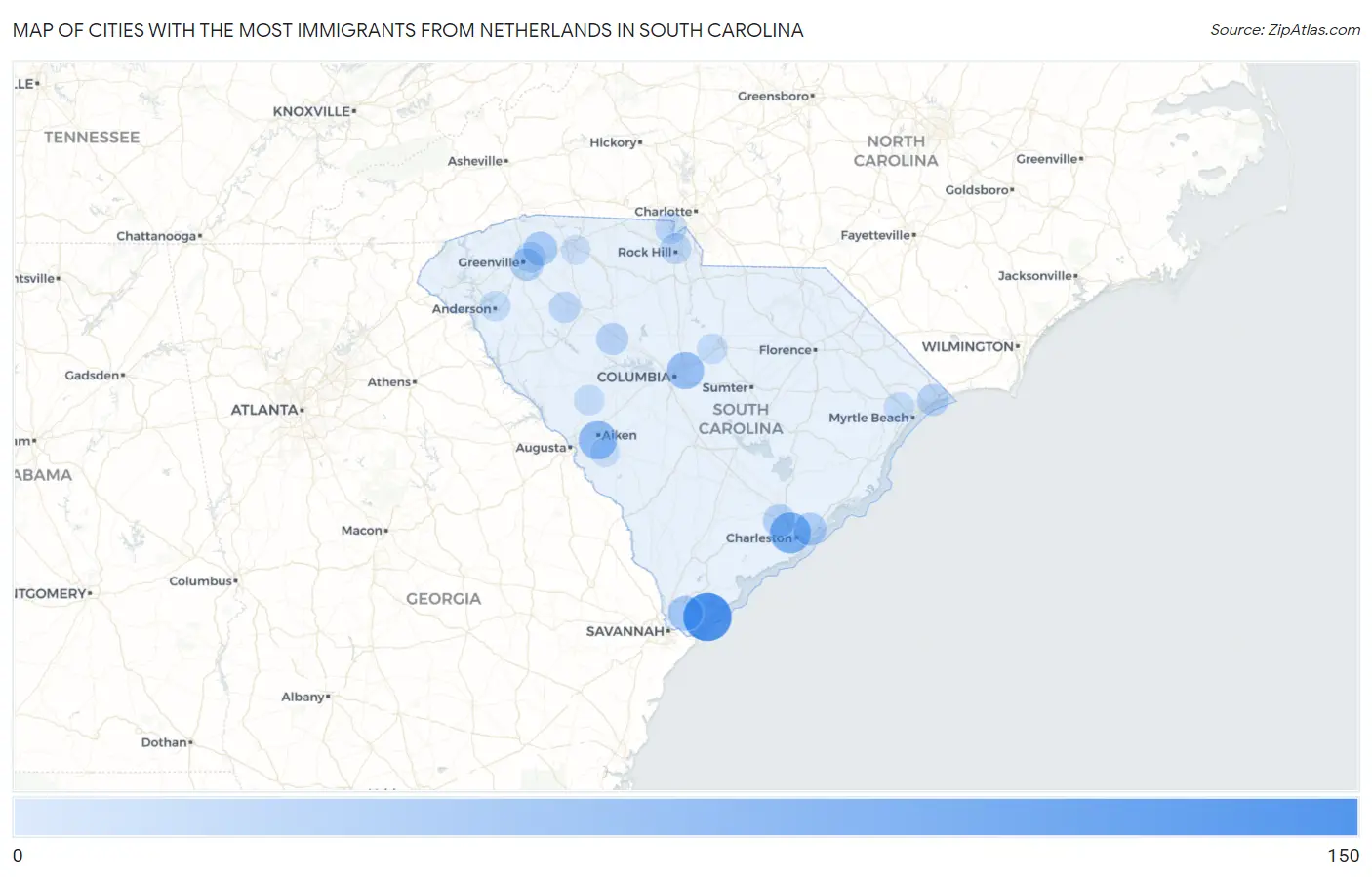Cities with the Most Immigrants from Netherlands in South Carolina Map