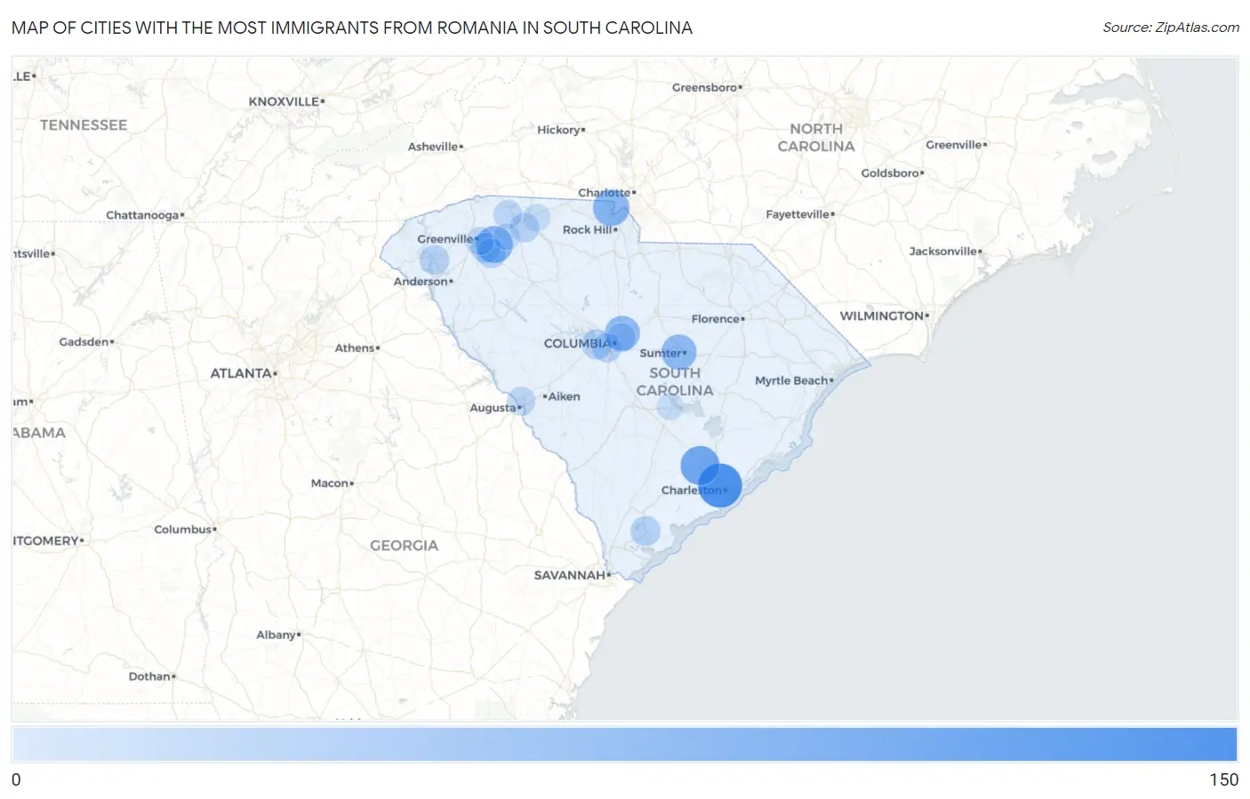 Cities with the Most Immigrants from Romania in South Carolina Map
