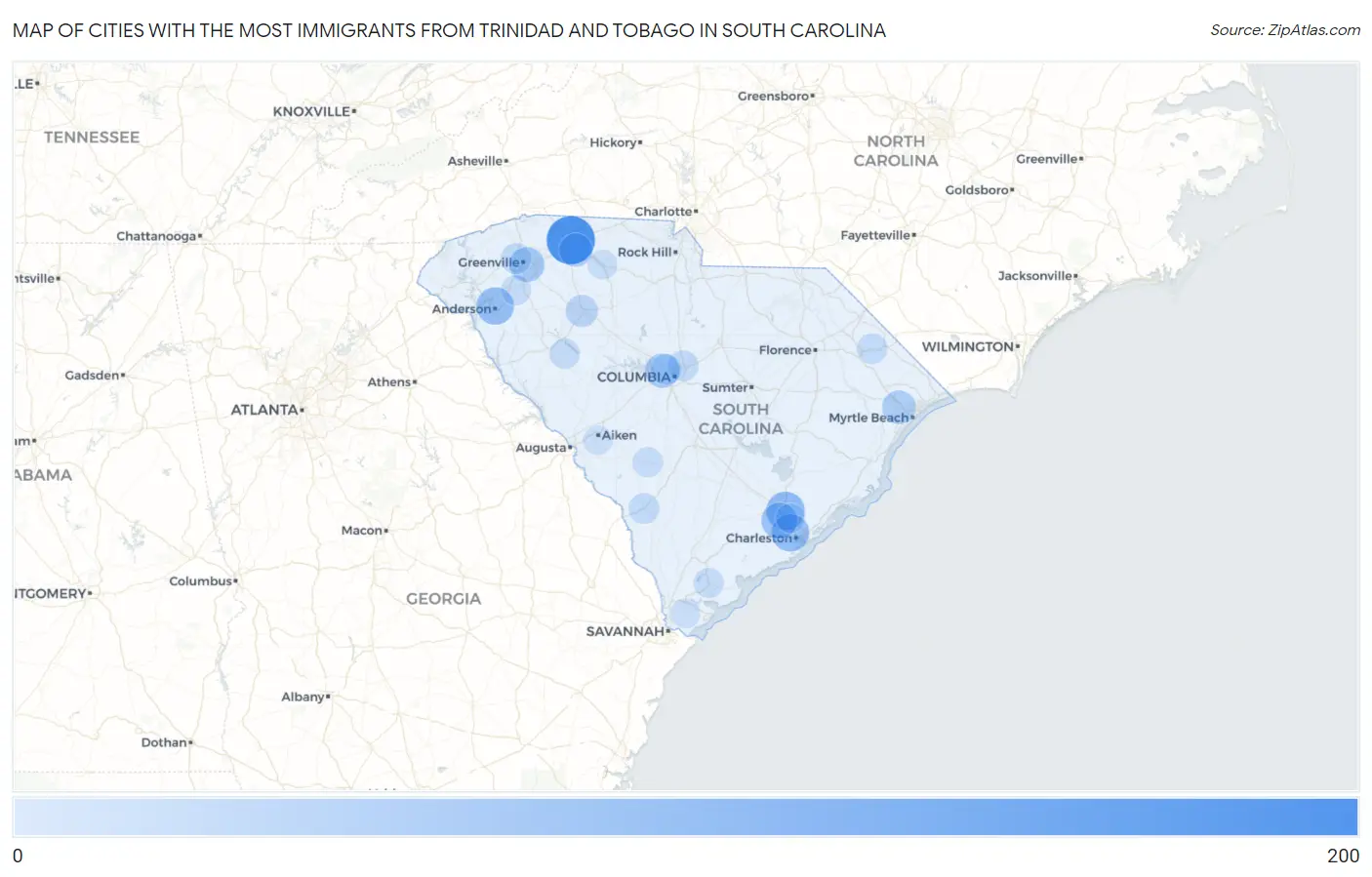 Cities with the Most Immigrants from Trinidad and Tobago in South Carolina Map