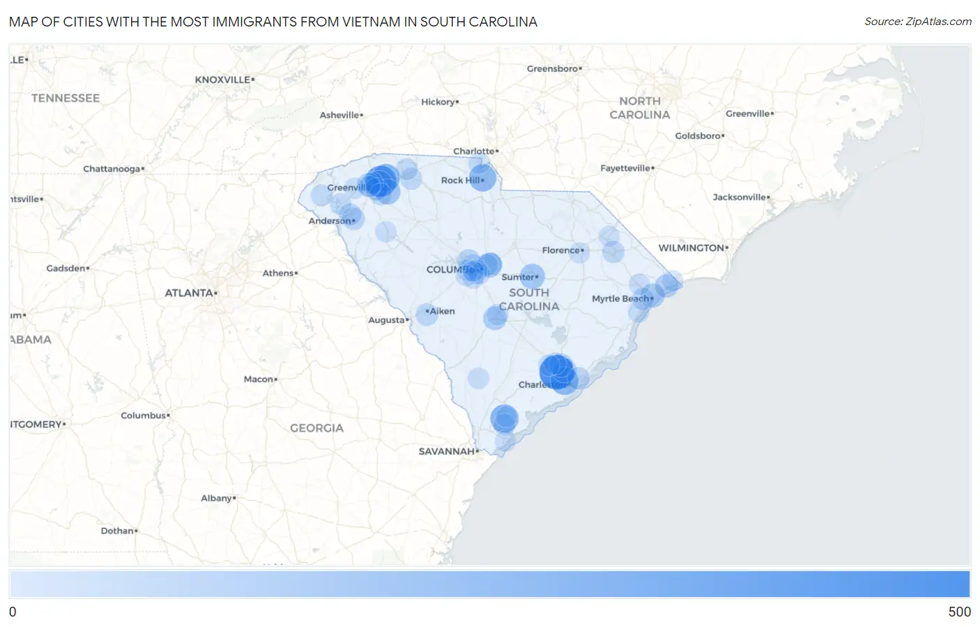 Cities with the Most Immigrants from Vietnam in South Carolina Map