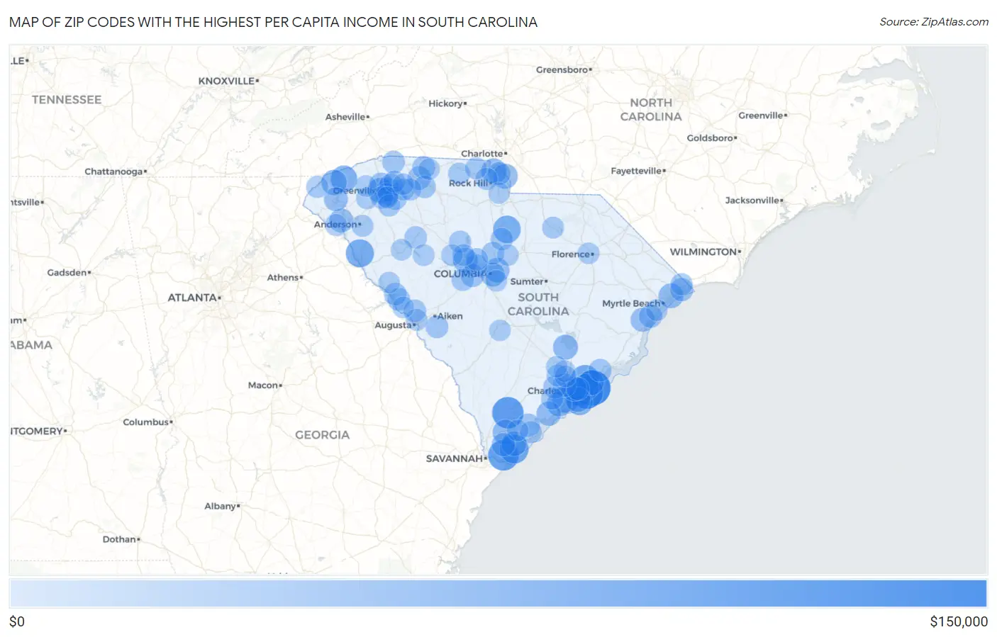 Zip Codes with the Highest Per Capita Income in South Carolina Map