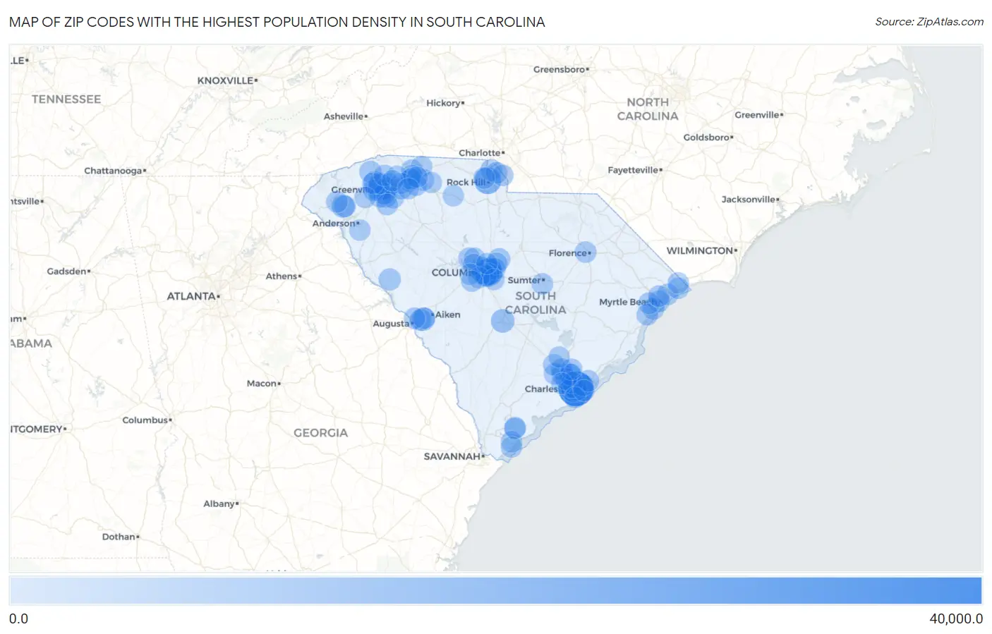 Zip Codes with the Highest Population Density in South Carolina Map