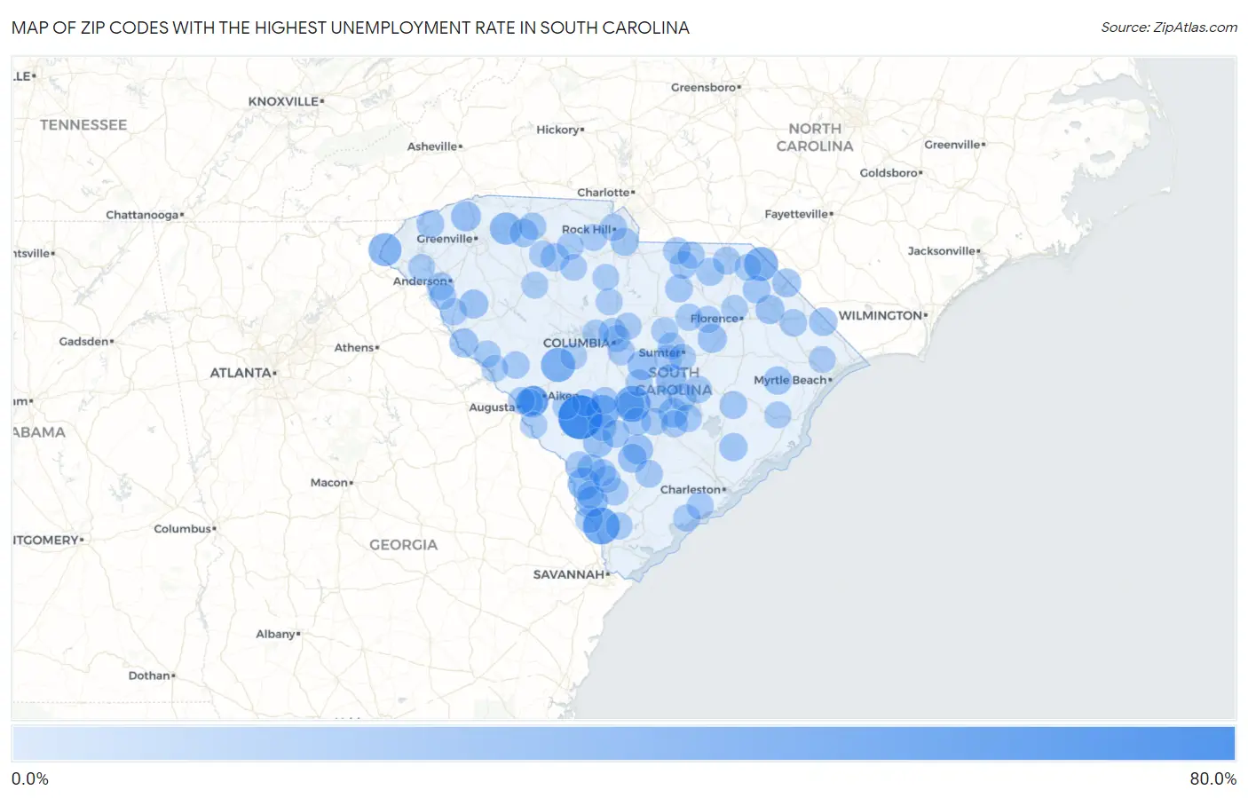 Zip Codes with the Highest Unemployment Rate in South Carolina Map