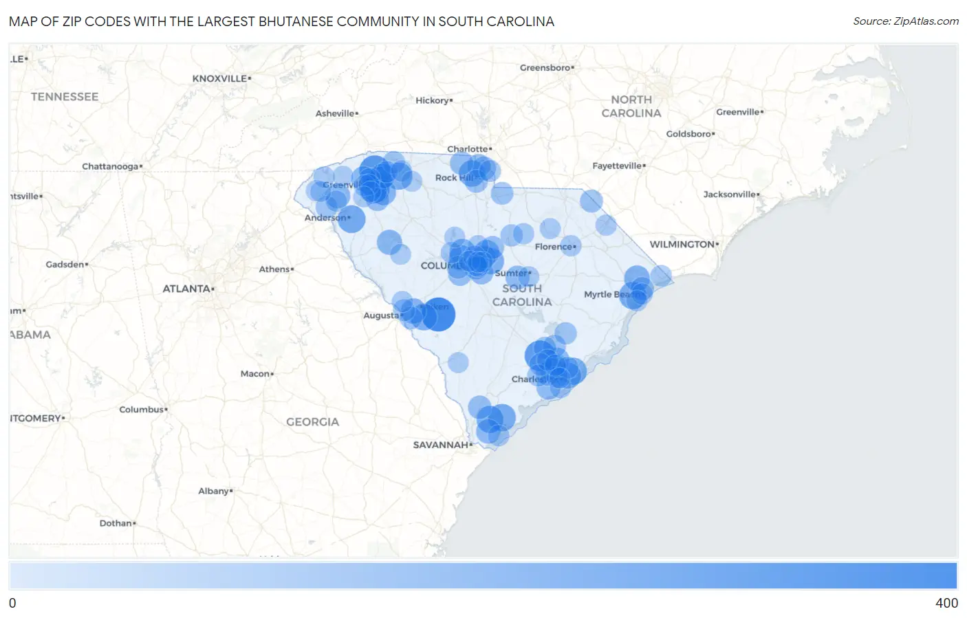 Zip Codes with the Largest Bhutanese Community in South Carolina Map