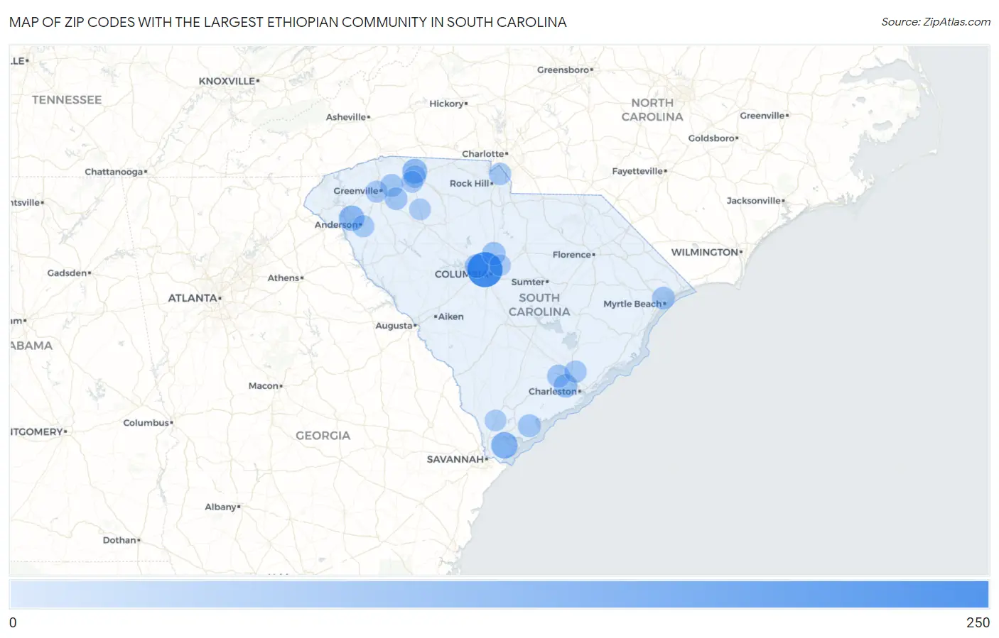 Zip Codes with the Largest Ethiopian Community in South Carolina Map