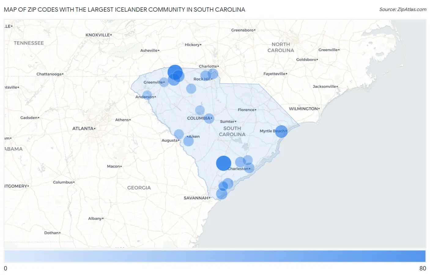 Zip Codes with the Largest Icelander Community in South Carolina Map