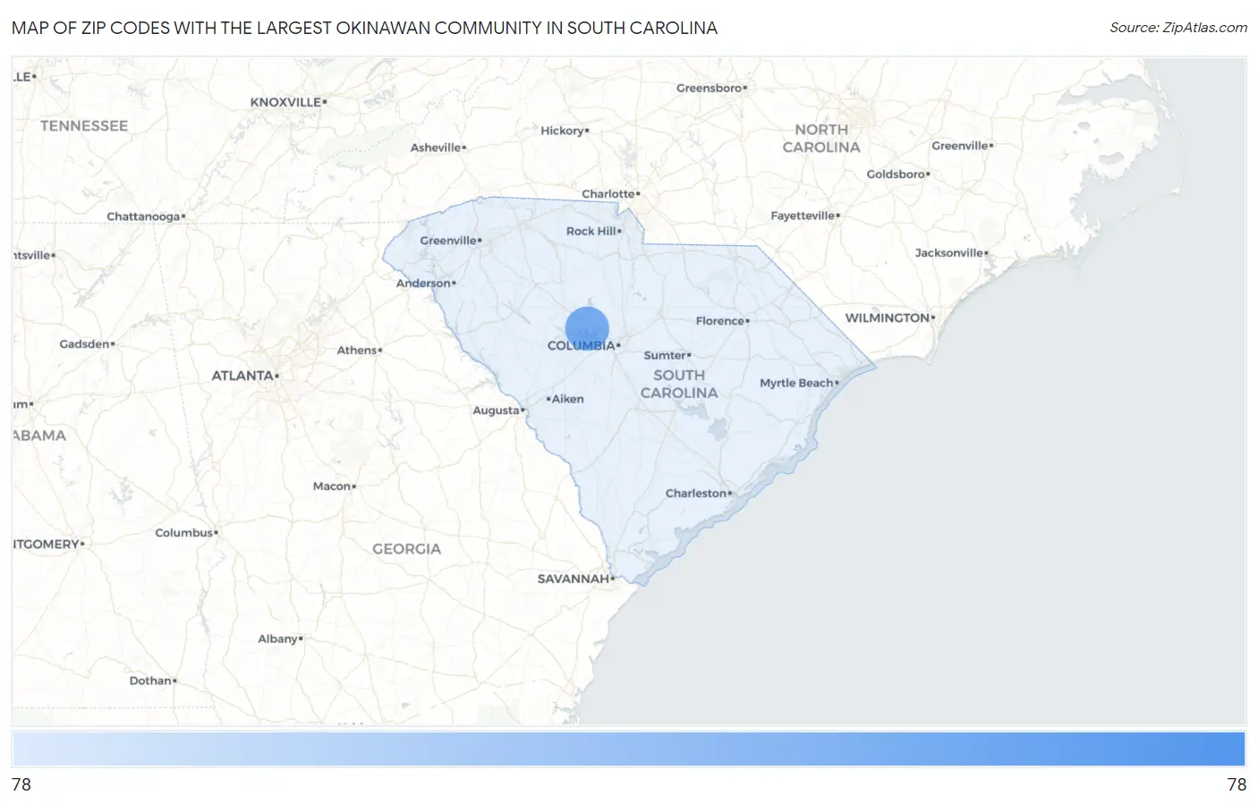 Zip Codes with the Largest Okinawan Community in South Carolina Map