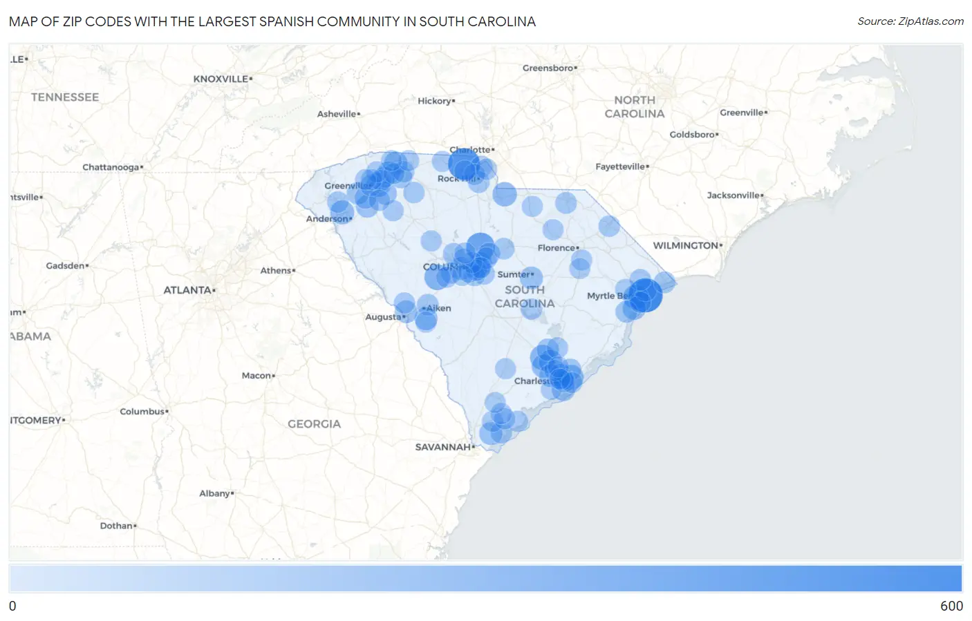 Zip Codes with the Largest Spanish Community in South Carolina Map