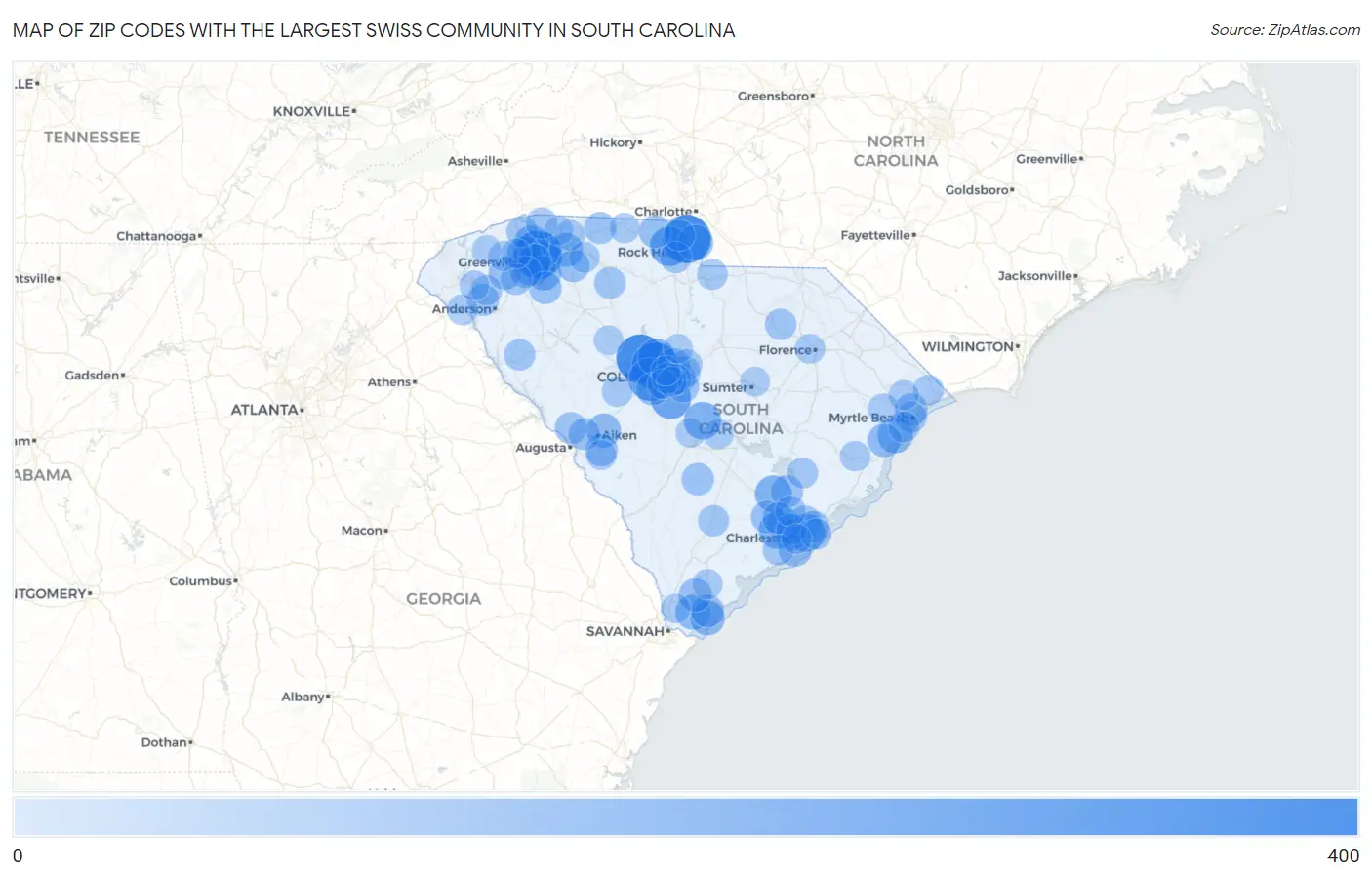Zip Codes with the Largest Swiss Community in South Carolina Map