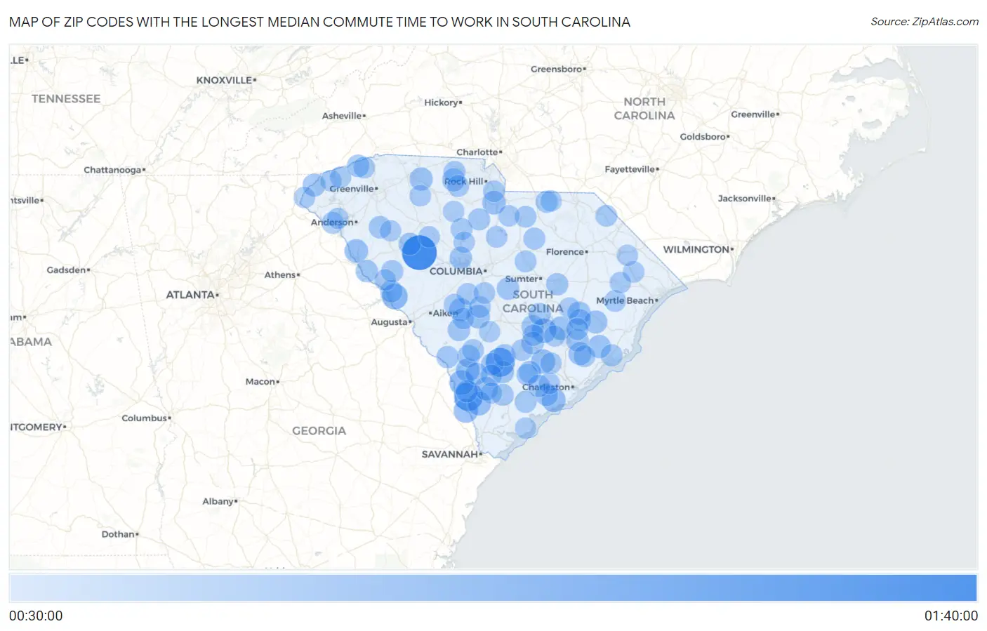 Zip Codes with the Longest Median Commute Time to Work in South Carolina Map