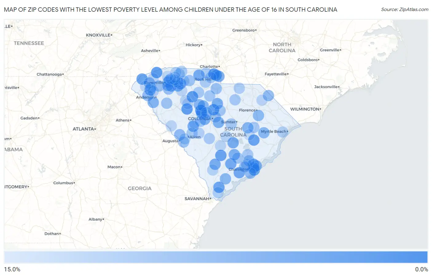 Zip Codes with the Lowest Poverty Level Among Children Under the Age of 16 in South Carolina Map