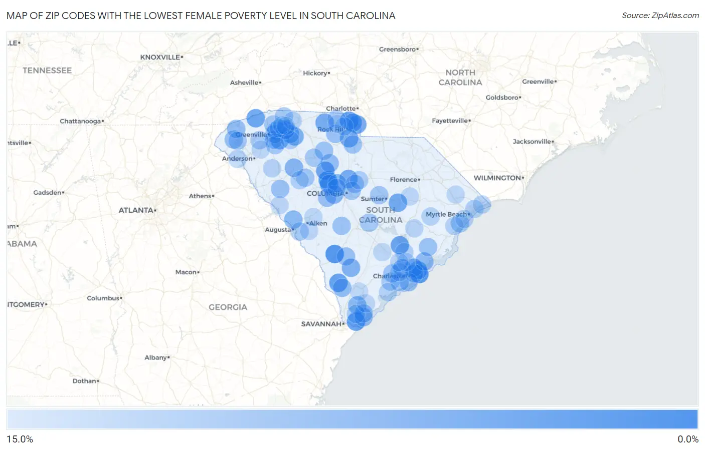 Zip Codes with the Lowest Female Poverty Level in South Carolina Map
