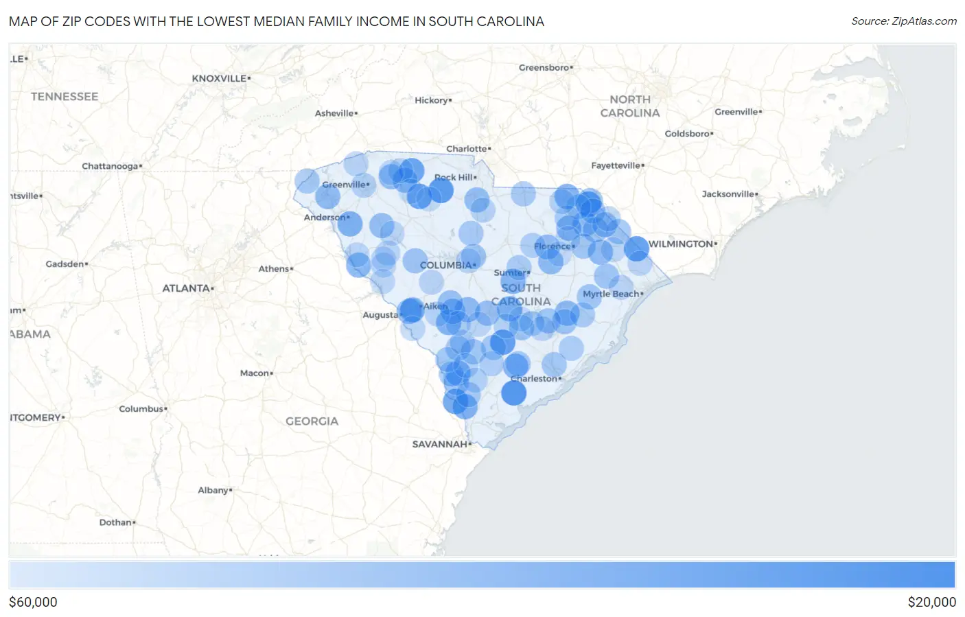 Zip Codes with the Lowest Median Family Income in South Carolina Map